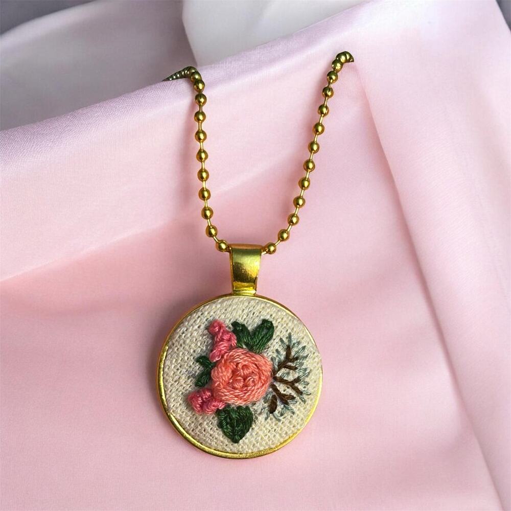 Handmade Embroidery Charm Necklace, Pink Rose Floral ~ 25mm Gold tone Bezel